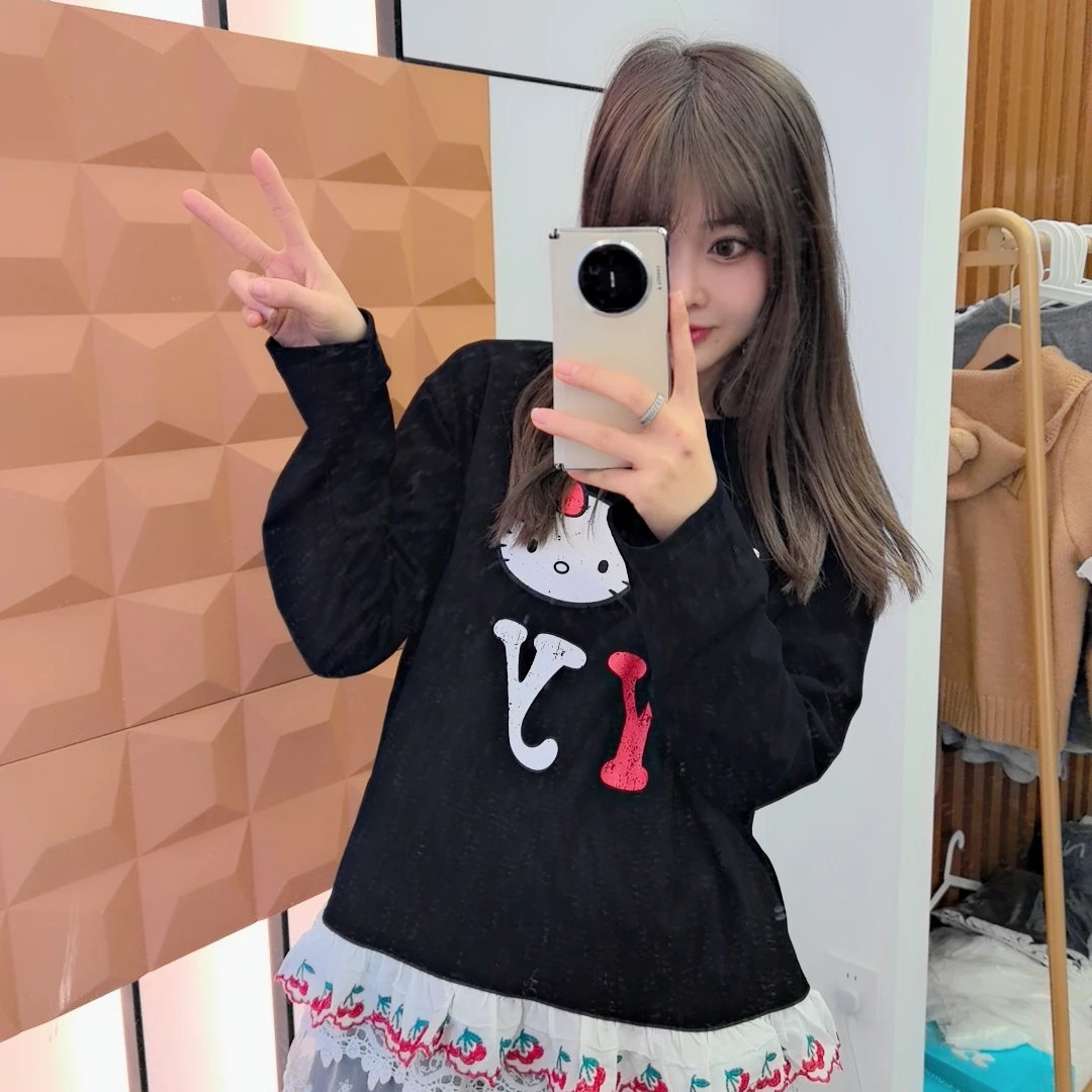 25春 设计师款韩代KT卡通做旧印花木耳边长袖蕾丝花边T恤 上衣