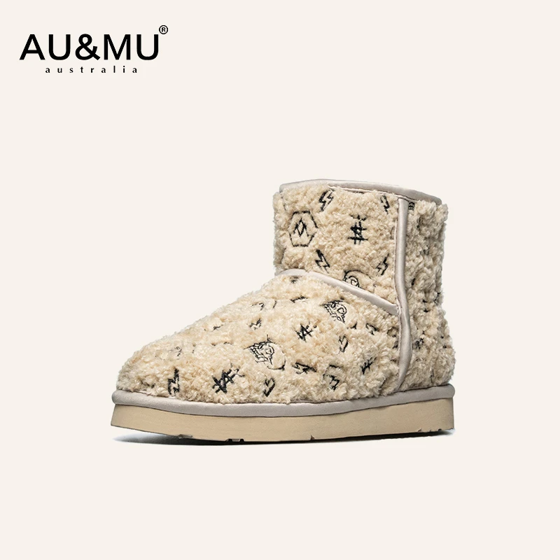 AU&MU雪地靴女皮毛一体冬季时尚刺绣套筒加绒短靴东北厚底棉鞋289