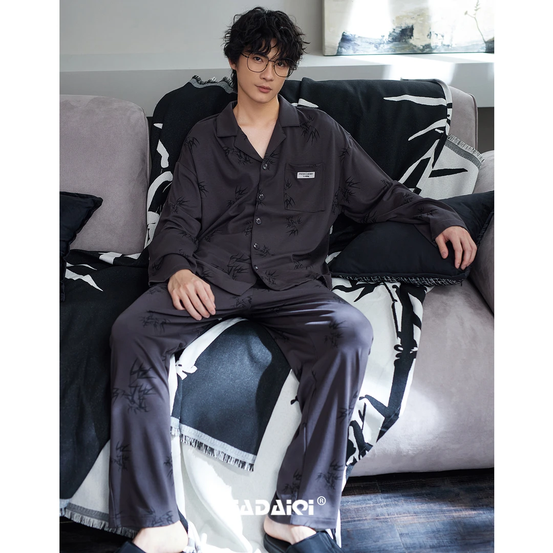 莫代尔睡衣男士春秋季长袖开衫新中式可外穿休闲夏款家居服两件套