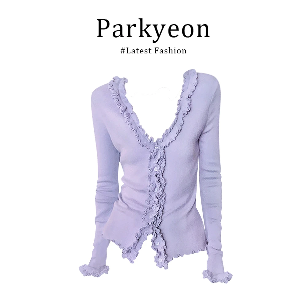 parkyeon韩系温柔风层叠荷叶边针织开衫女早秋季设计感绝美上衣女