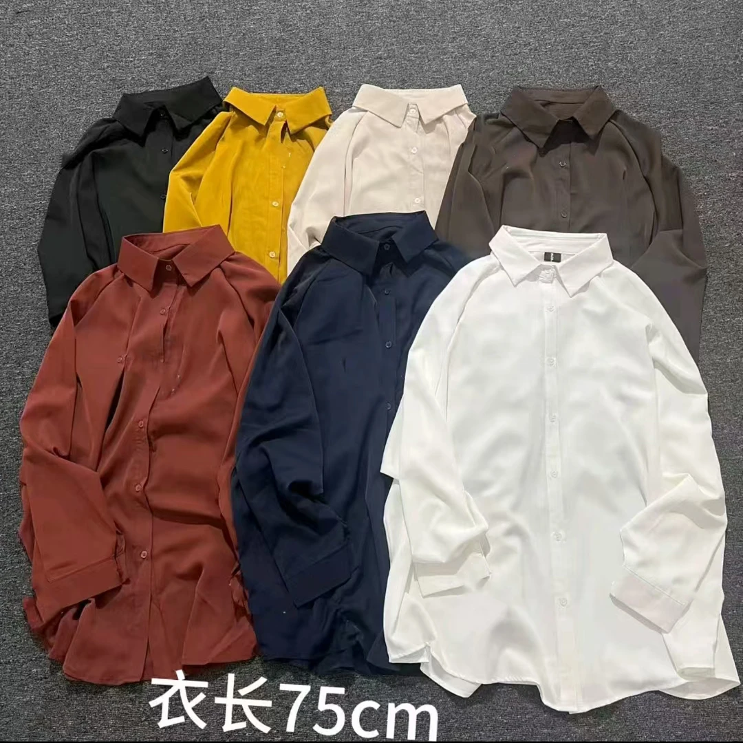 欧货净版纯色慵懒风宽松大版缎面立领排扣长袖百搭衬衣