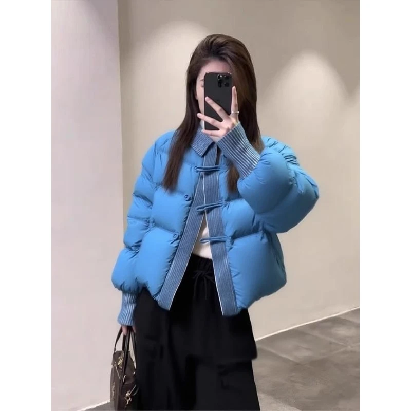 蓝色拼接棉服冬季女2026新款小个子巨好看的加厚保暖面包服外套女