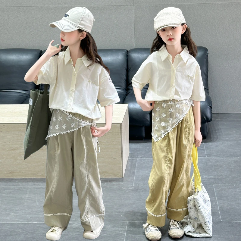 女童夏季套装2025新款儿童洋气短袖衬衫女大童休闲阔腿裤两件套潮