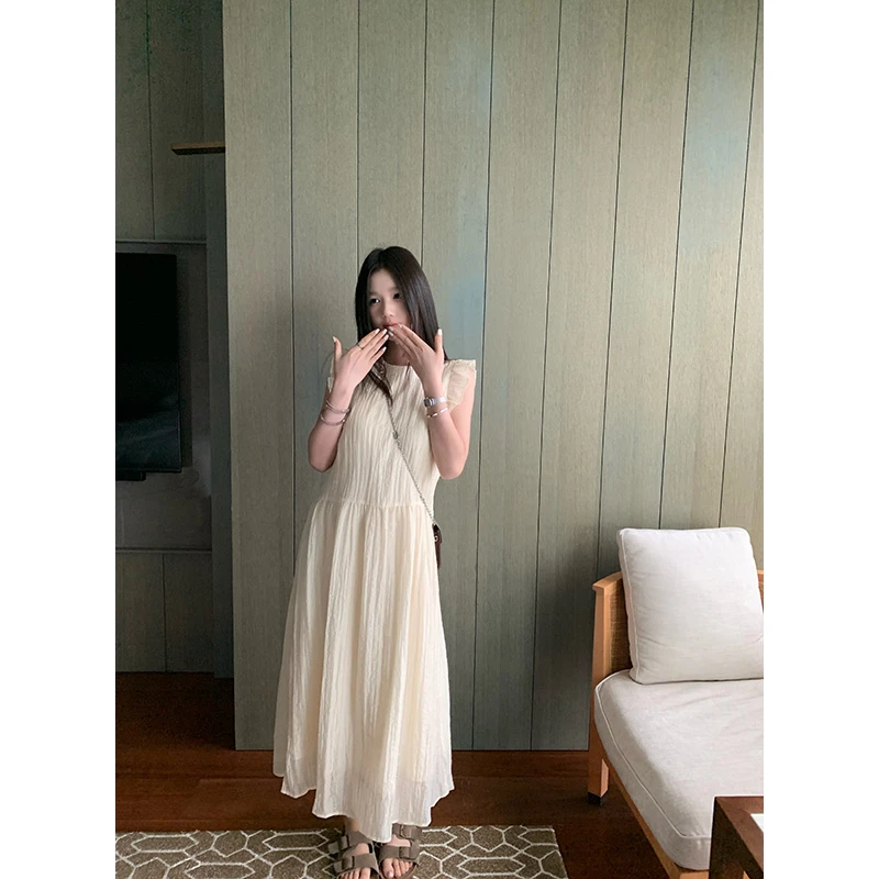 YOKLASS少女家 杏色宽松圆领小飞袖连衣裙夏季显瘦长裙子 L35278S