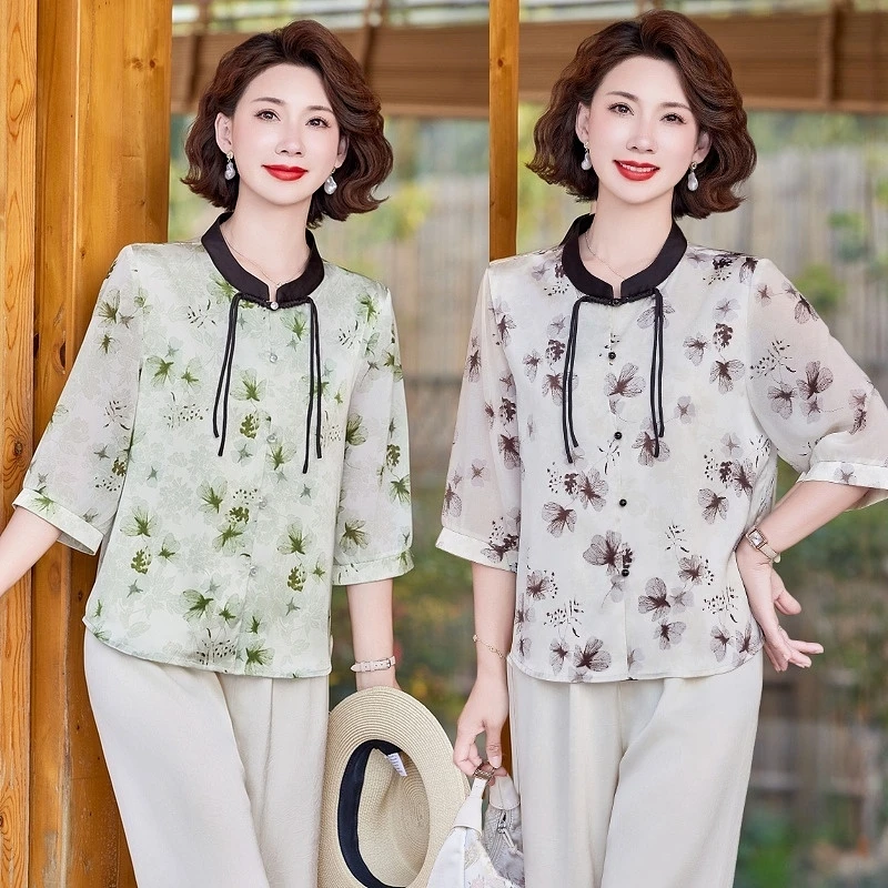 大码时尚洋气印花夏装中老年女装中国风雪纺小衫夏季宽松女装