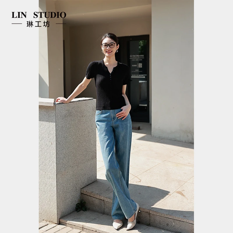 【棉+三醋酸】琳工坊“月停”蓝色牛仔裤休闲气质百搭时尚唐琳设计师
