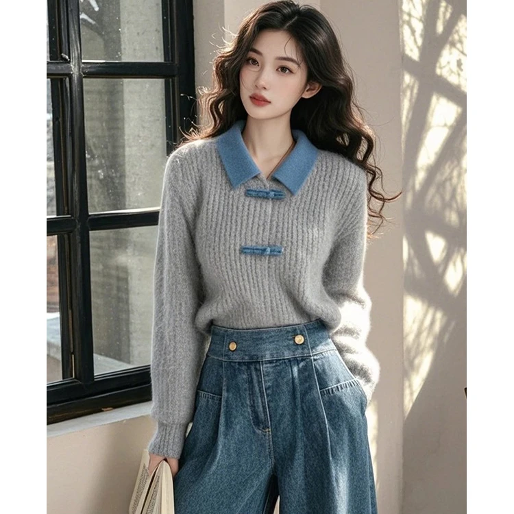 慵懒高级感超好看奶呼呼软糯设计感宽松灰色翻领新中式针织毛衣女