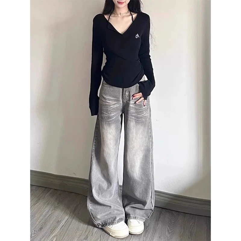 美式水洗阔腿牛仔裤女夏新款设计感高腰宽松显瘦垂感直筒拖地裤子