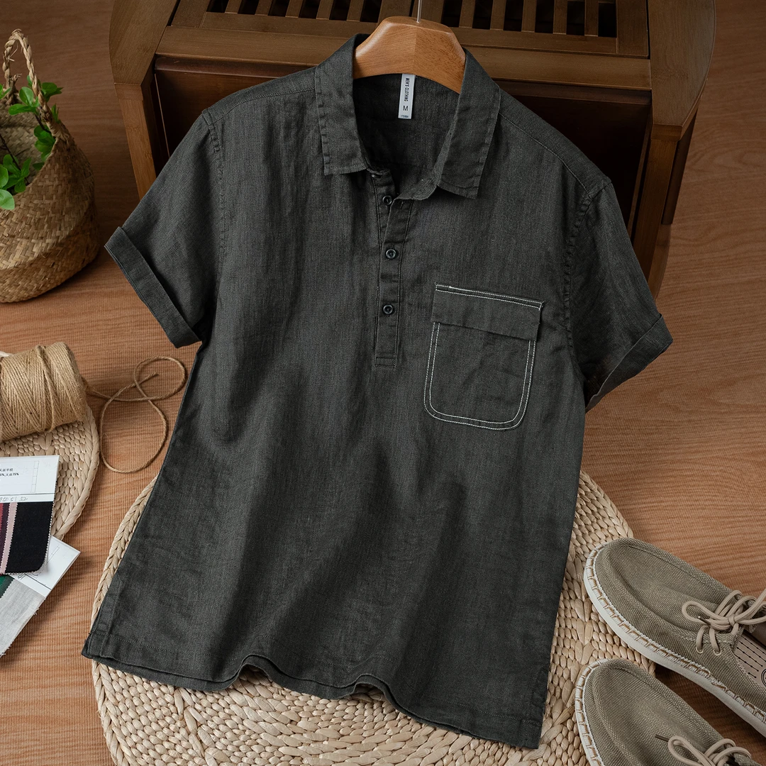 麻尚生活夏季亚麻POLO衫男宽松透气百搭休闲日常文艺落肩薄款衬衣