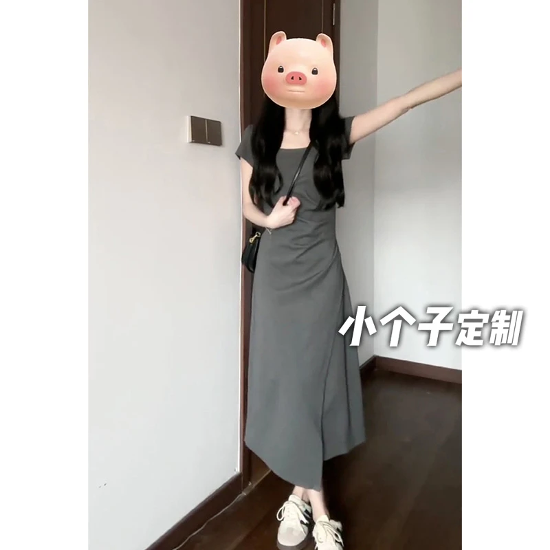 150小矮个子法式方领修身连衣裙女夏小众设计感收腰a字茶歇中长裙