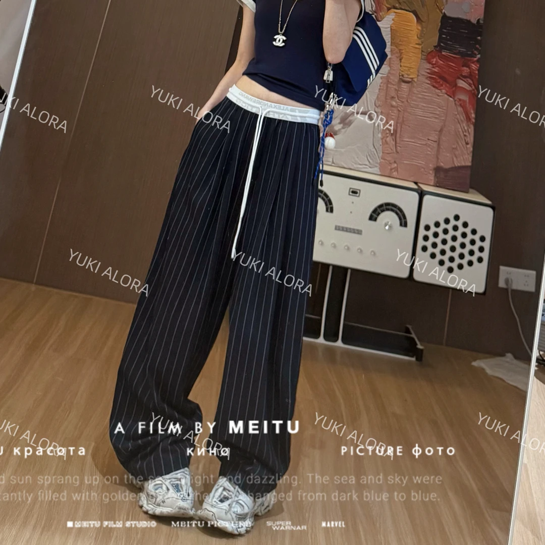 【LLU李】松紧腰条纹高腰显瘦宽松休闲裤百搭阔腿裤 LLU-800326