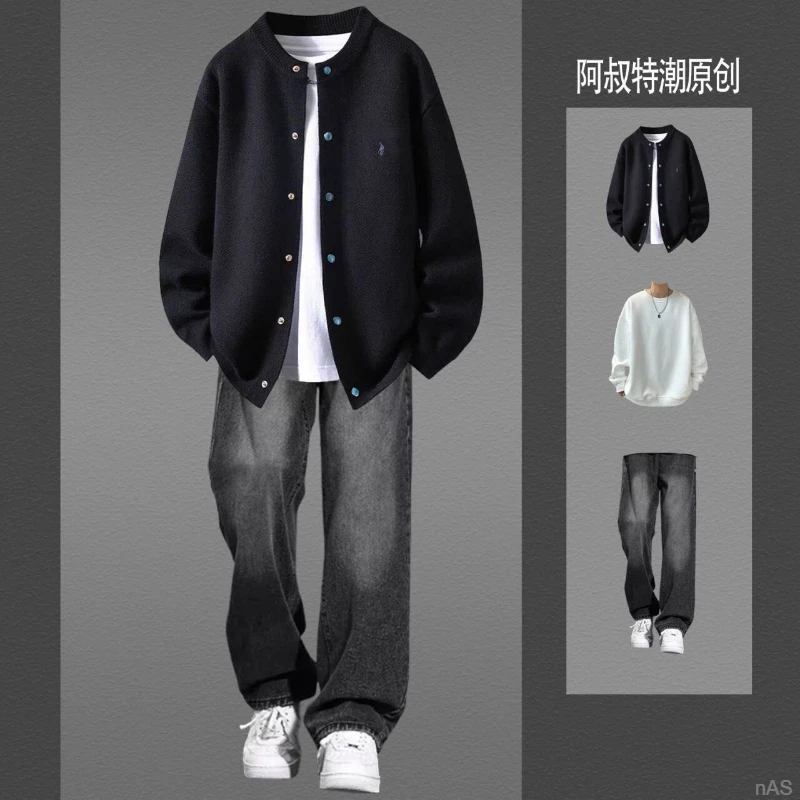 轻奢痞帅秋季款爆款2025新款休闲时尚套装男生外套潮流三件套男装
