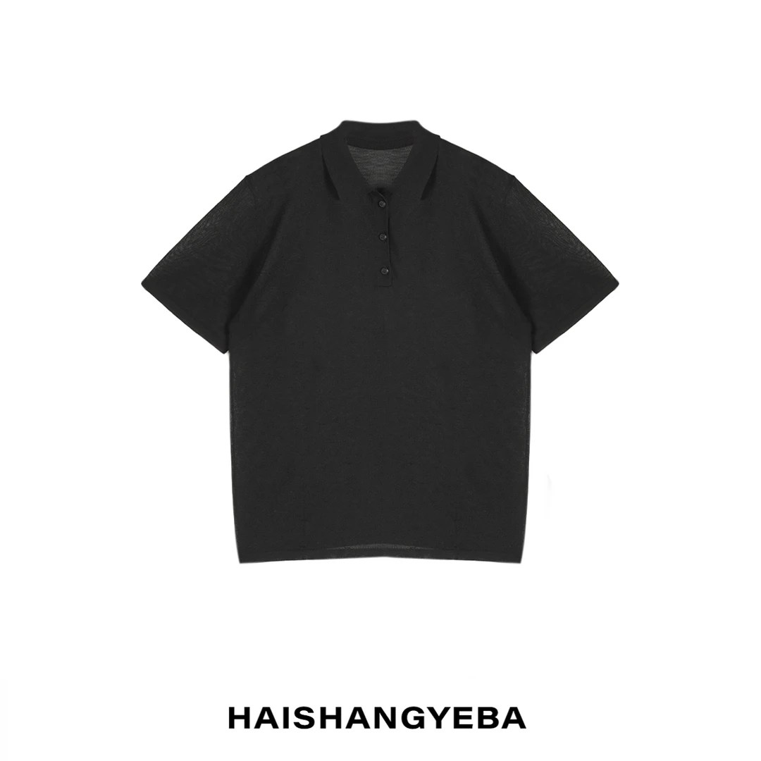 【海上叶爸】新款2025夏季百搭莱赛尔翻领宽松休闲纯色T恤