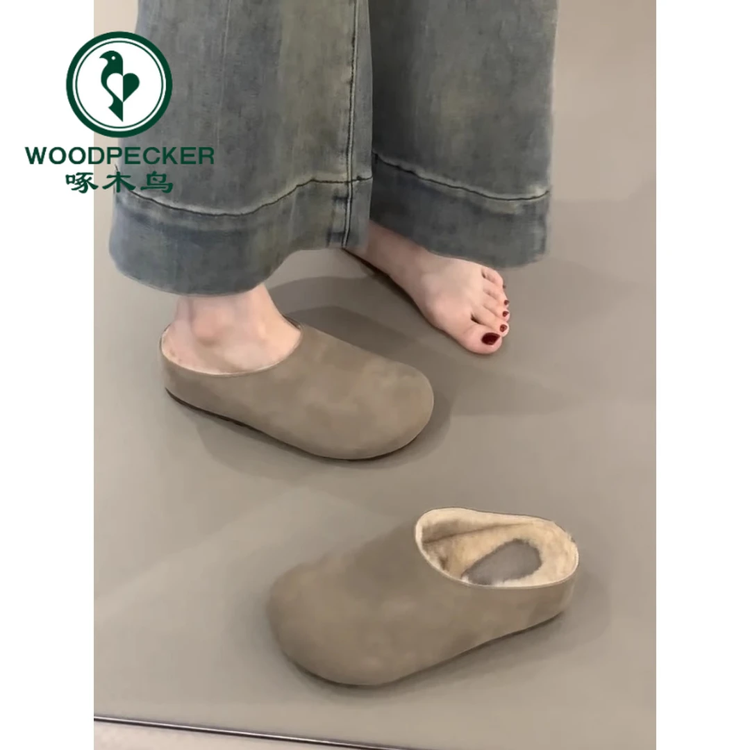 啄木鸟小个子内增高5CM勃肯鞋厚底半拖加绒秋冬棉鞋新款包头拖鞋