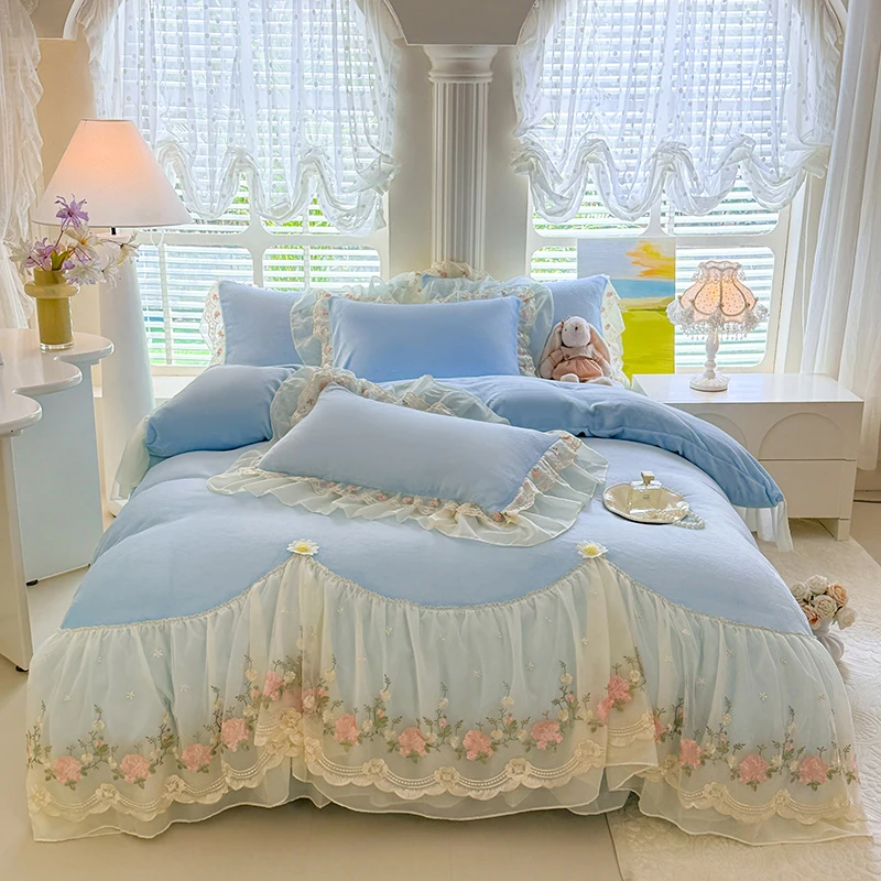 加厚夹棉牛奶绒床盖款四件套韩式双面绒被套小清新床盖床单可机洗