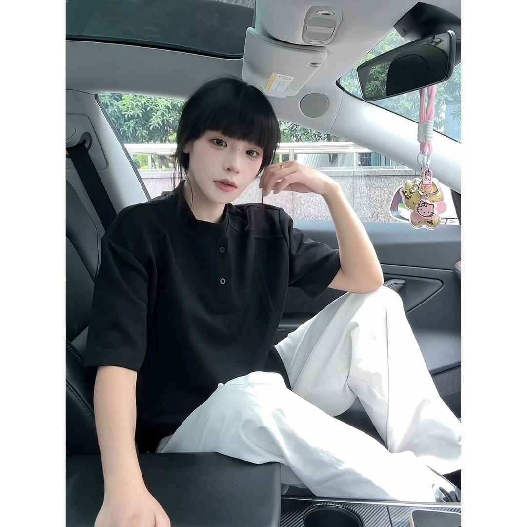 黑色亨利领短袖polo衫男款夏季高级感美式正肩t恤boxy拼接五分袖