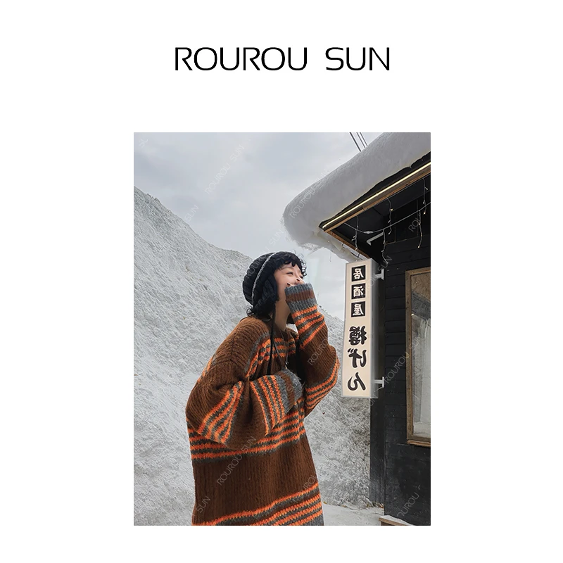 29395早秋款女装韩版休闲宽松条纹撞色圆领百搭日常长袖套头毛衣