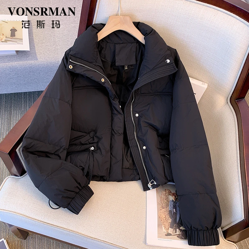 黑色立领短款羽绒服女2025冬季新款时尚轻薄保暖面包服加厚外套潮