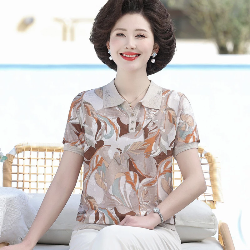 妈妈装短袖打底小衫中老年人女夏款翻领针织衫T恤岁奶奶T恤上衣