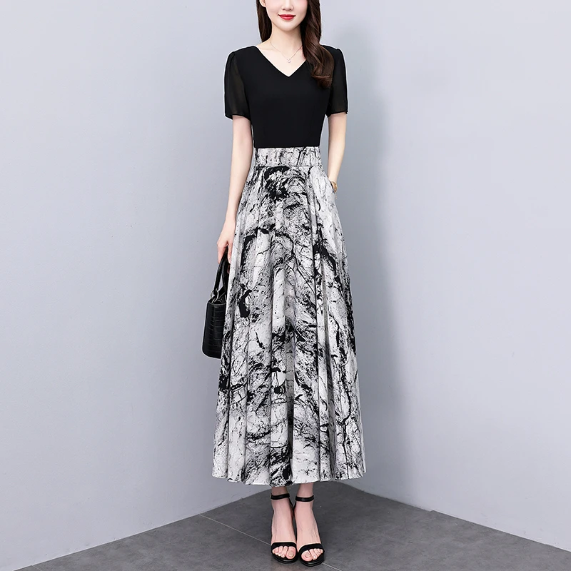 有兜真丝印花拼接假两件连衣裙2025年新款夏季长款修身大摆长裙子