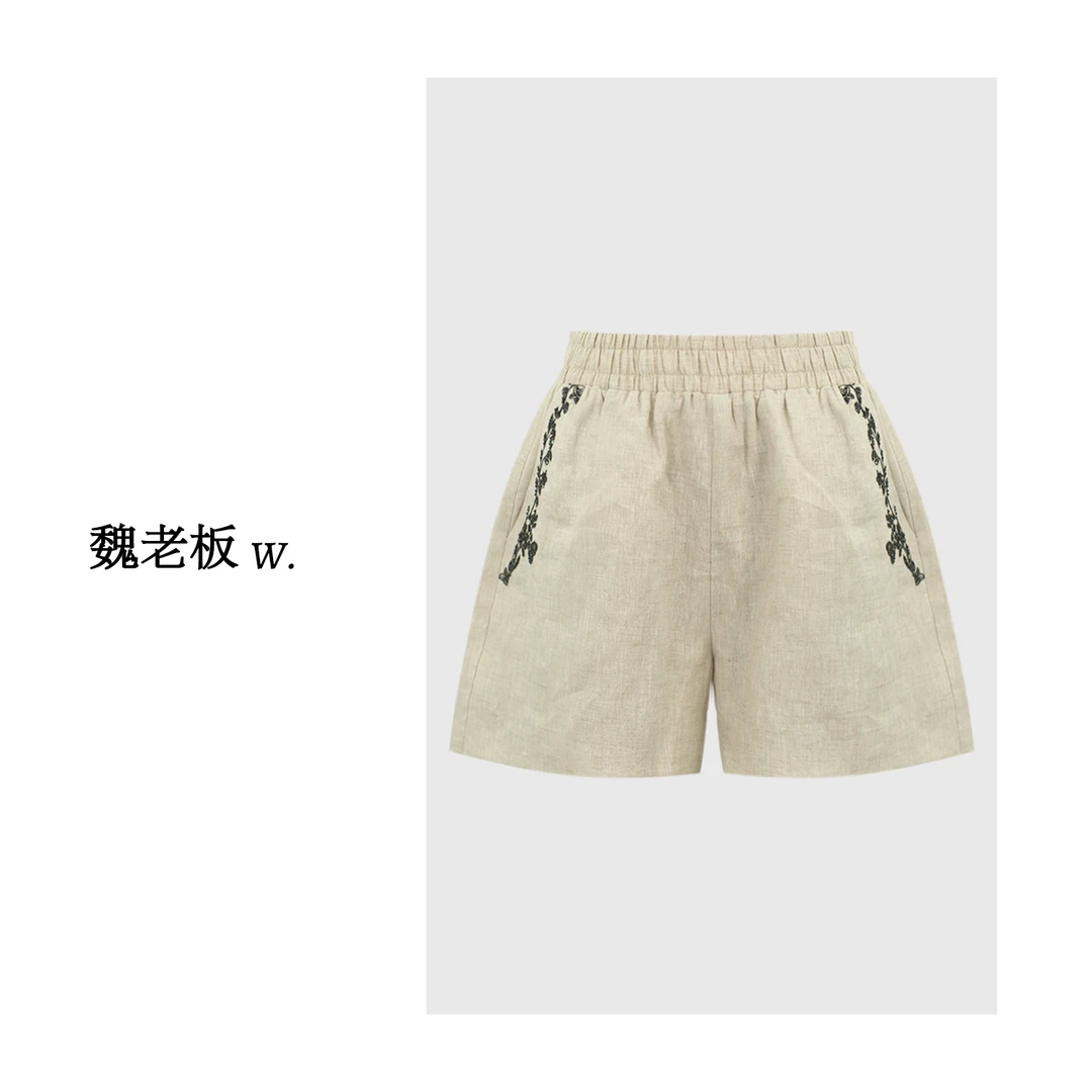W.Diva【茶记】100亚麻刺绣夏季洋气宽松休闲百搭中腰短裤51K191548