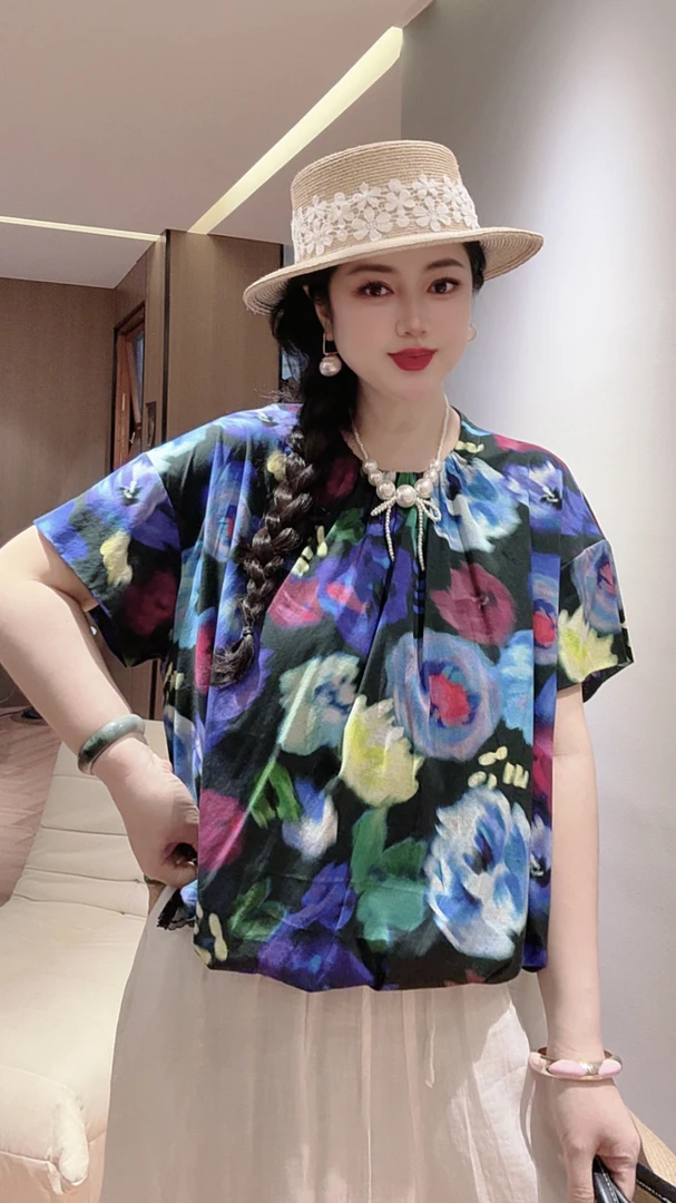 臭朵朵家 圆领短袖印花夏季复古上衣