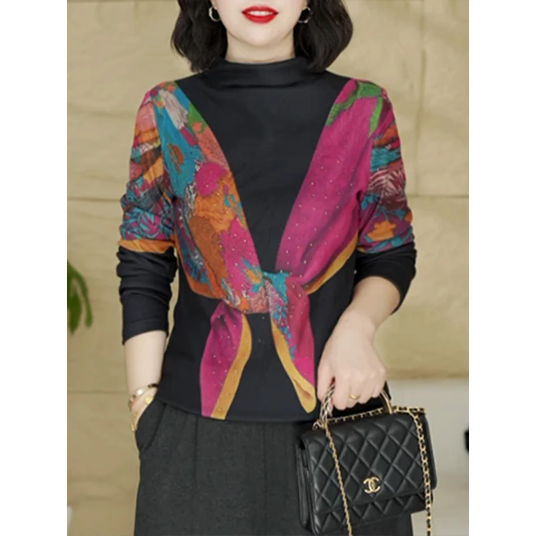 时尚拼色印花半高领长袖打底衫秋冬新款Z洋气中年妈妈装显瘦内搭