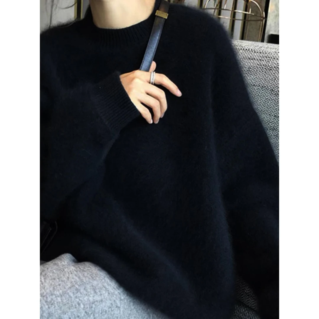 软糯毛衣女秋冬季加厚宽松慵懒风针织衫奶fufu黑色打底衫圆领套头