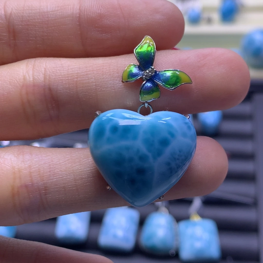 针钠钙石（海纹石）银S925镶嵌吊坠(不含链)爱心吊坠色差略异