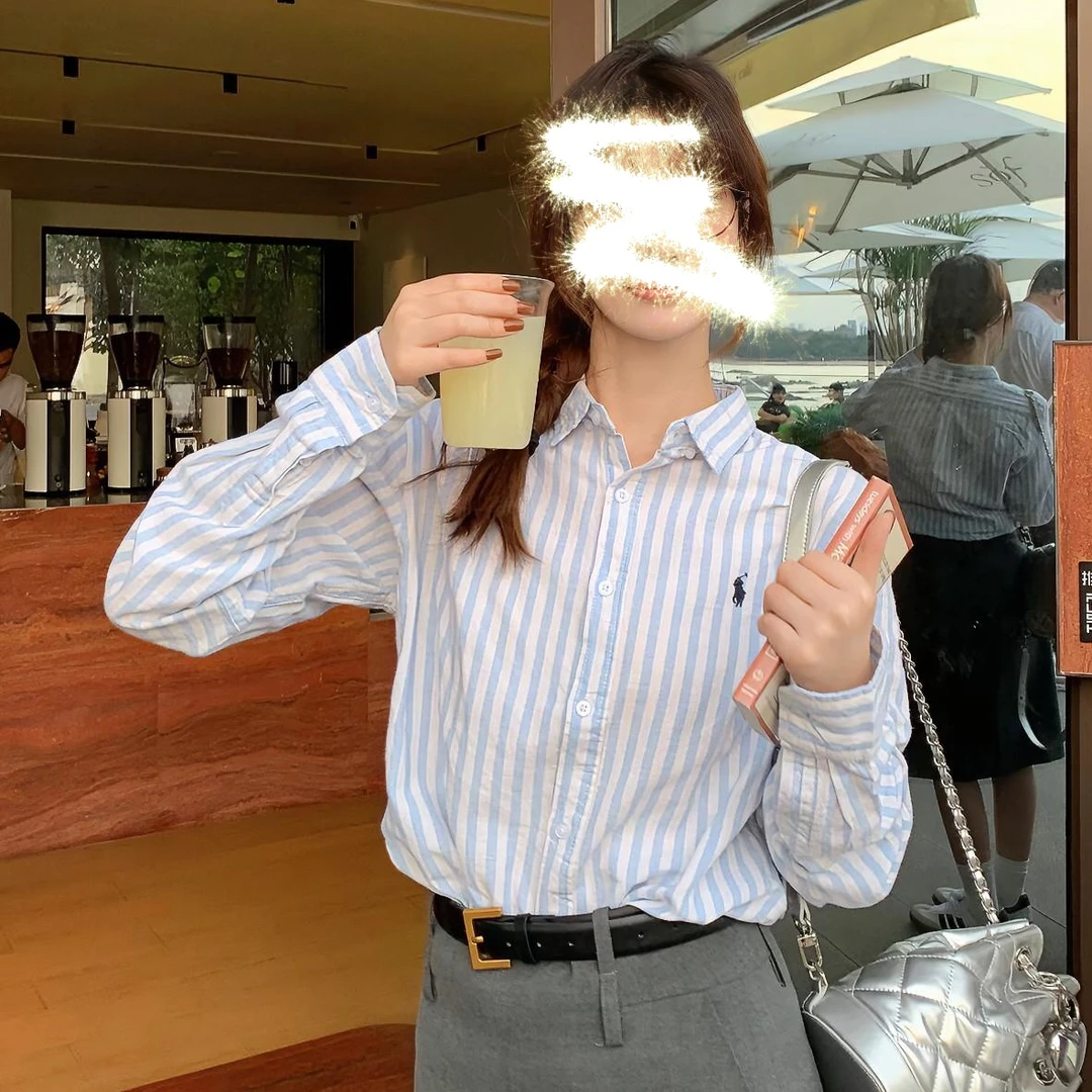 春季新款条纹小马刺绣极简风衬衫长袖气质休闲开衫衬衣外套女