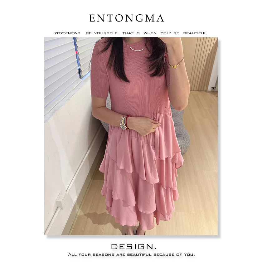 ENMA褶皱中腰女装甜美蛋糕裙静奢风短袖泡泡袖连衣裙