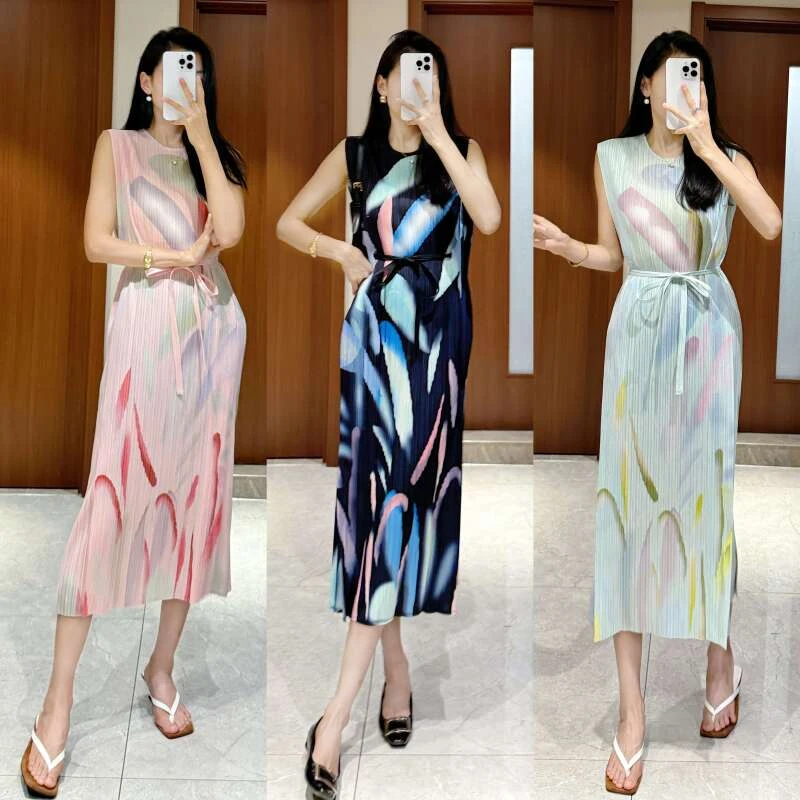 （韩女士穿搭）夏季新款系带搭片印花中长款显瘦连衣裙