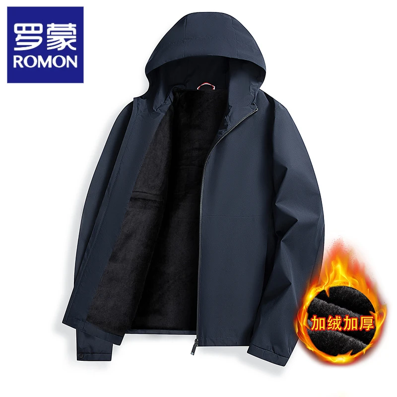 Romon/罗蒙春秋连帽夹克男士防水防风保暖加绒外套户外运动休闲