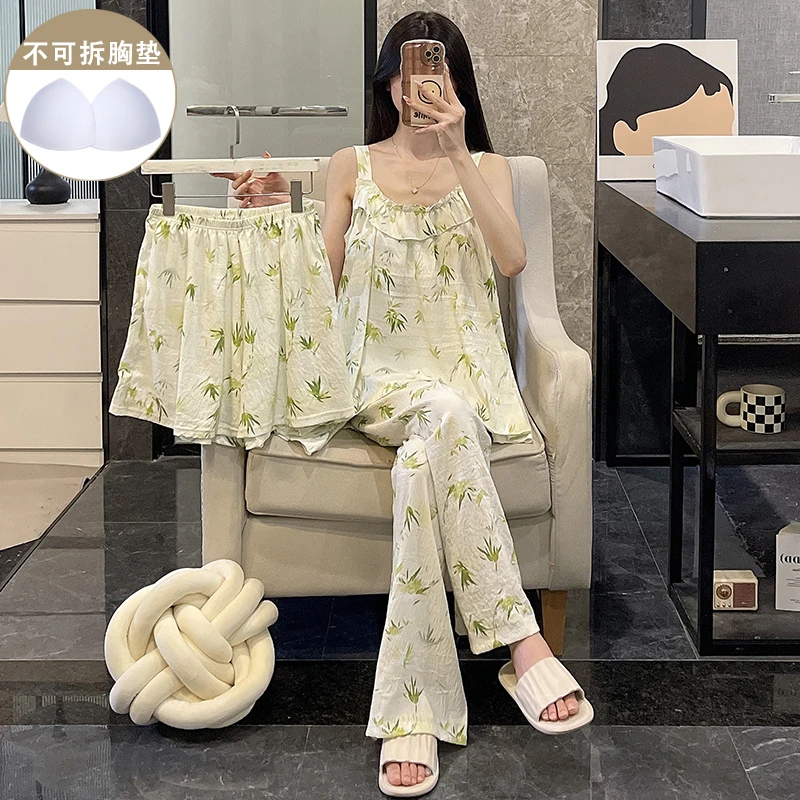 带胸垫睡衣女款简约国风绿色性感吊带短裤三件套小个子休闲家居服