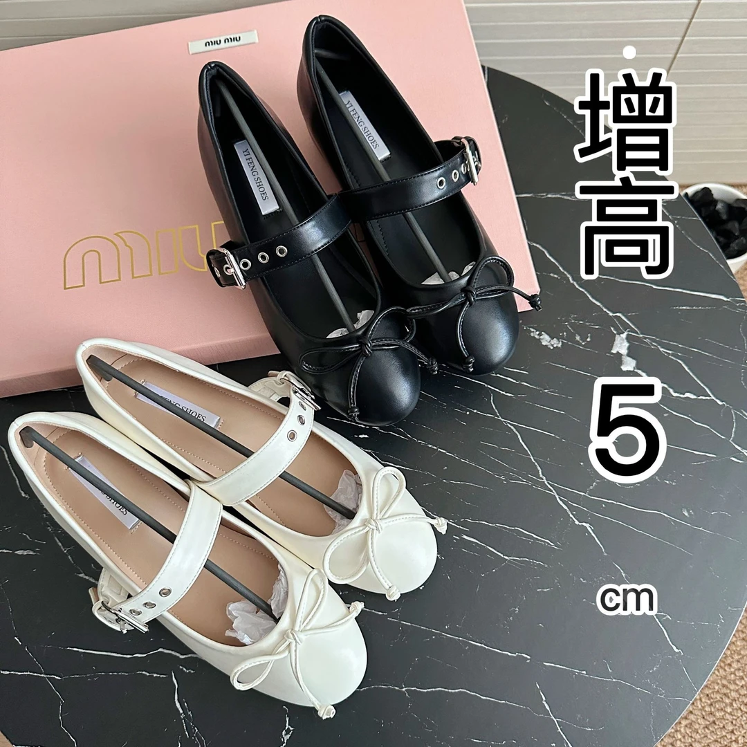 内增高女鞋法式蝴蝶结平底芭蕾鞋女外穿金属一字扣带圆头浅口单鞋