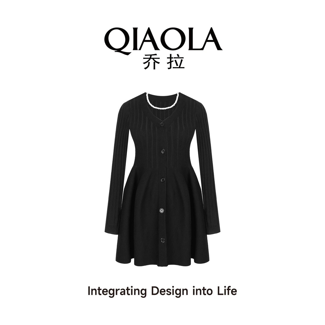 【香奢美梦】秋季坑条毛织V领压褶A版轻奢连衣裙预售