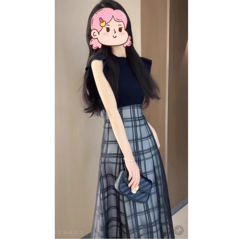 樱花妹妹 气质感满满！高腰格纹双层飘逸半身裙