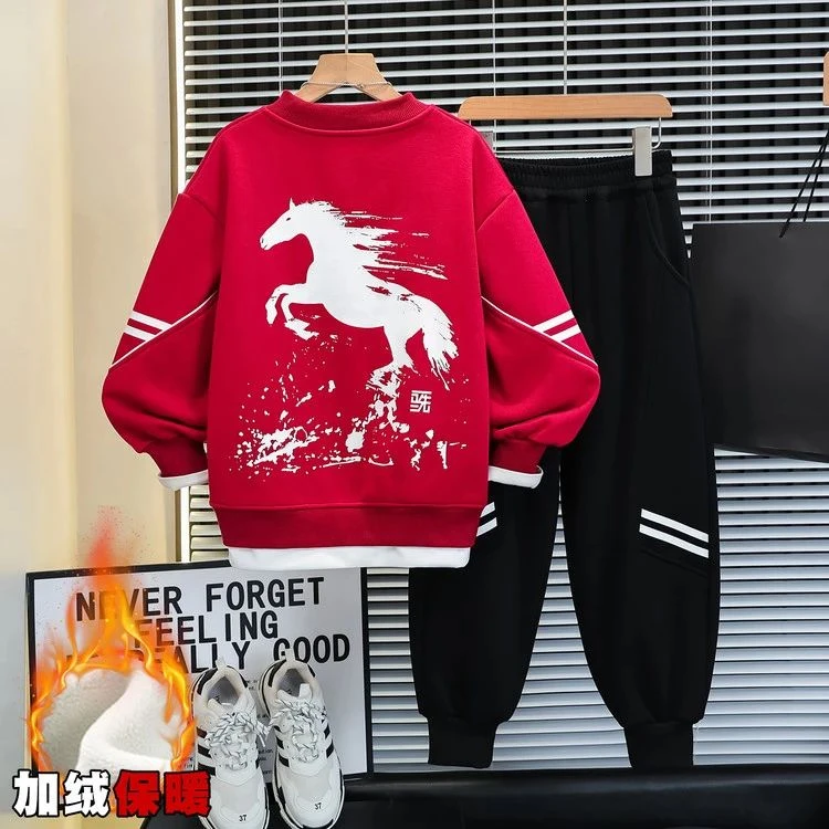 马到成功红色年服运动套装2025中大童冬季男童加绒套装休闲洋气潮