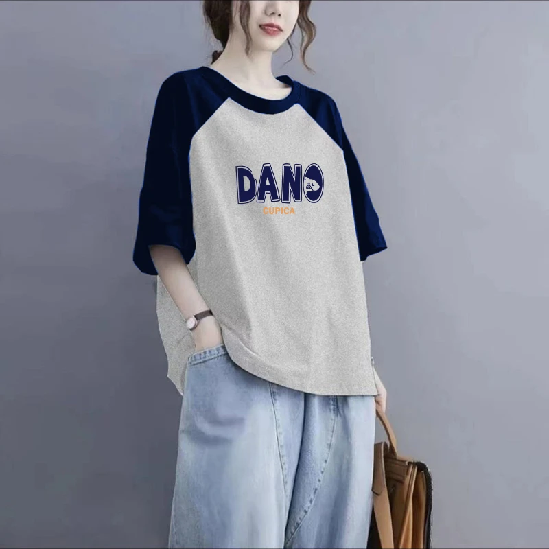 大码女装夏季新款100%纯棉拼接撞色短袖T恤宽松显瘦百搭休闲上衣