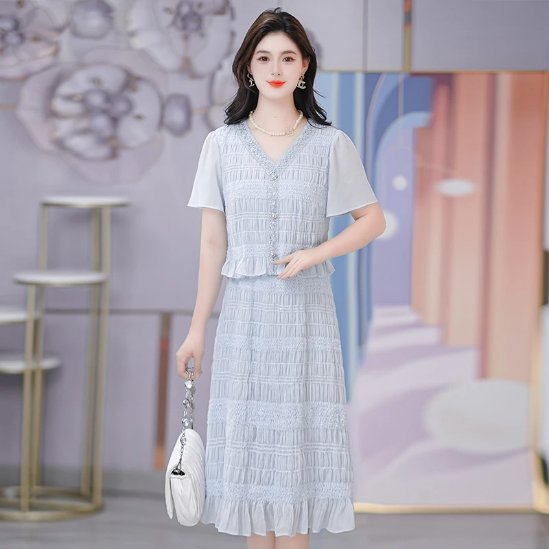 气质新款连衣裙V领夏季显瘦拼接优雅花边设计减龄中长款裙