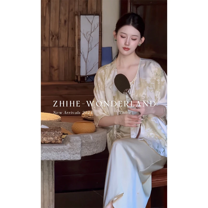 至禾Wonderland【山雾竹影】原创水墨竹蚕桑丝上衣+柔光缎面吊带裙