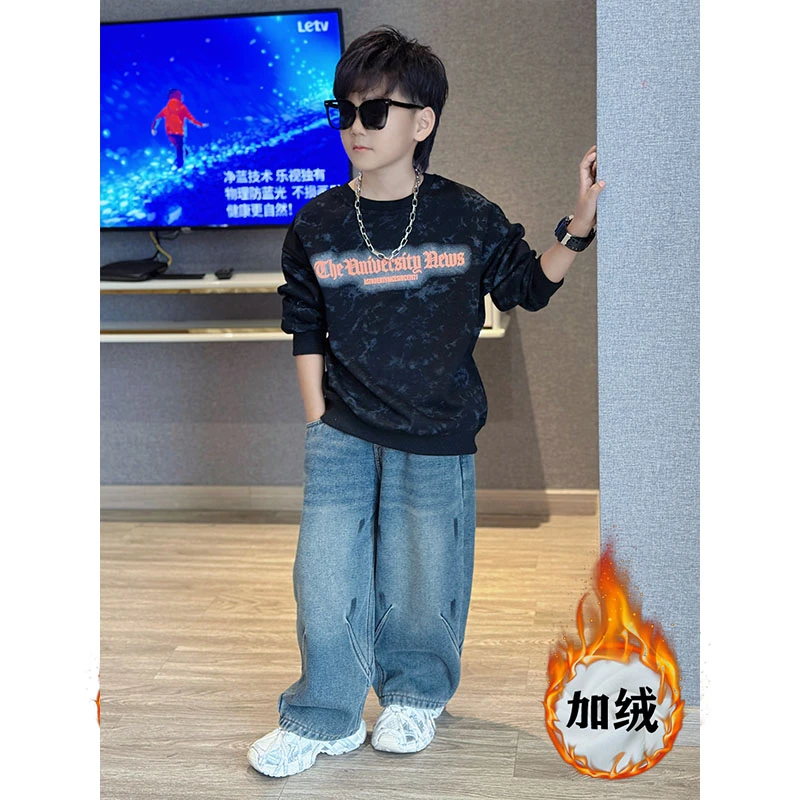 男童韩版宽松休闲个性扎染字母印花长袖卫衣中大童百搭加绒长袖冬