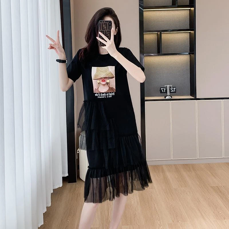 哥弟阿玛施正品夏季新款韩版网纱拼接遮肚短袖印花T恤裙胖mm显瘦