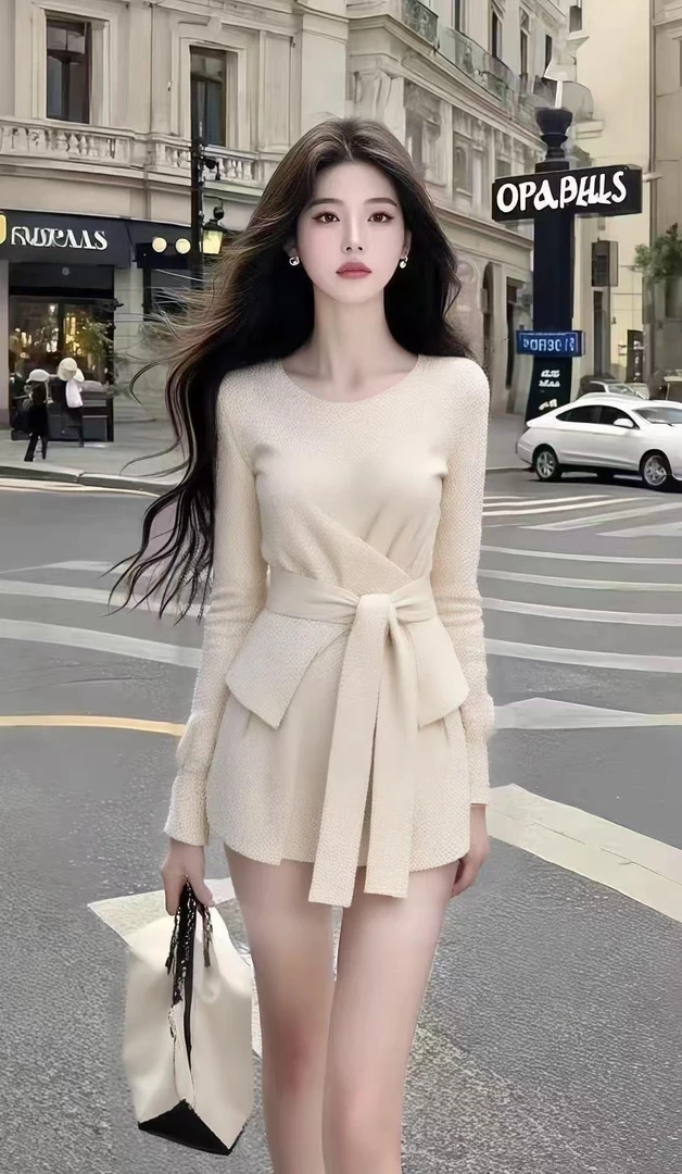 夏季时尚新款轻奢气质女装杏色圆领长袖系带设计感不规则连衣裙女