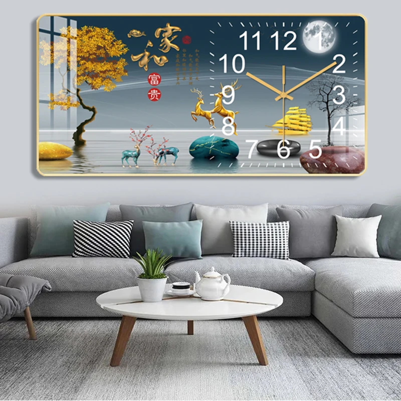 轻奢挂钟2023家用客厅挂墙时尚新款现代简约晶瓷画免打孔静音时钟