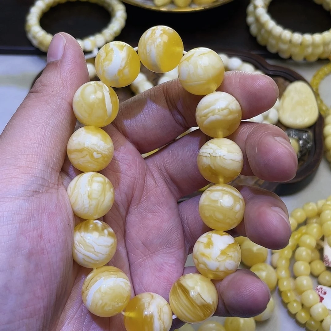 蜜蜡手串未镶嵌16mm金瓷白溶洞虎皮一珠一世界