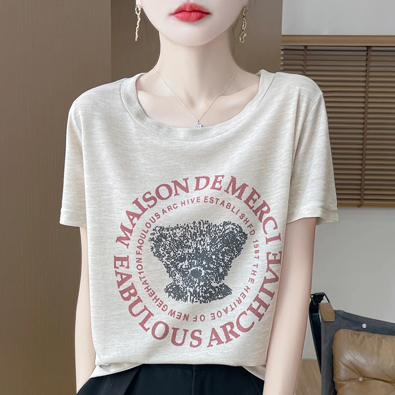 100%莱塞尔天丝女士圆领T桖宽松版百搭印花上衣Z89