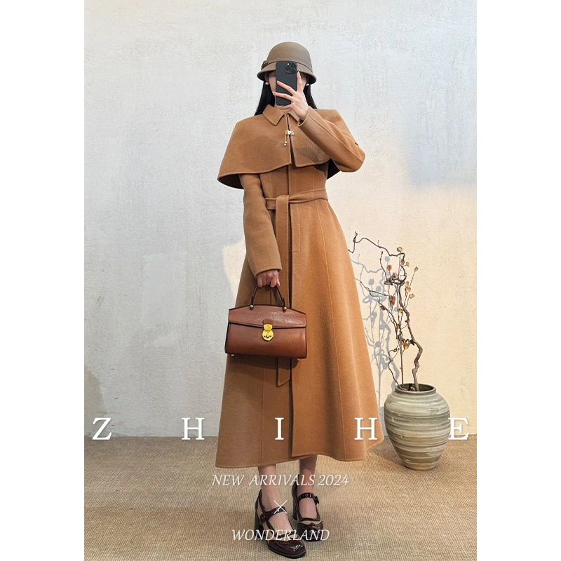 无艳一禾【再别康桥】手工坊-静奢100羊毛双面呢带披肩大衣