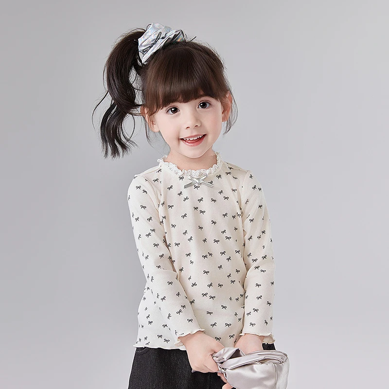 笛莎官方长袖T恤秋装新小童女宝宝蝴蝶结洋气上衣打底-132530602