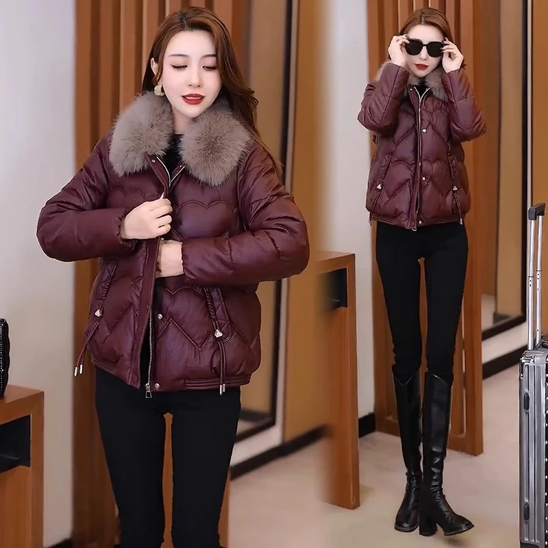 时尚PU皮棉衣外套女2025冬季新款洋气保暖大毛领短款棉服皮棉袄子